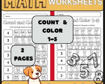 Anzahl und Farbe der Hunde Arbeitsblätter | Zähle & male aus! Vorschul Arbeitsblätter | Kindergartennummer Aktivität | PDF für Hausschule Mathe