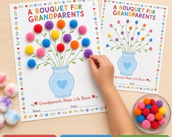 May include: A Grandparents Day craft activity featuring two printed sheets with a blue vase illustration and green stems. The sheets include the text A BOUQUET FOR GRANDPARENTS and Grandparents Make Life Bloom, decorated with colourful pom-poms.