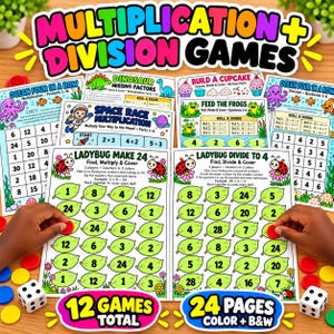 Könnte beinhalten: Eine Sammlung von pädagogischen Multiplikations- und Divisionsspielblättern mit farbenfrohen Illustrationen von Marienkäfern, Fröschen, Dinosauriern und Weltraummotiven. Das Set enthält 12 Spiele auf 24 Seiten, zwei weiße Würfel und rote sowie gelbe Spielsteine.