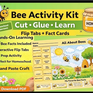 Könnte beinhalten: Ein farbenfrohes "Bee Activity Kit" mit dem Text "Cut, Glue, Learn" und "Flip Tabs + Fact Cards". Das Kit enthält ein Honigglas, eine Cartoon-Biene und ein Arbeitsblatt mit Bienenfakten und Illustrationen. Es ist für praktisches Lernen konzipiert.