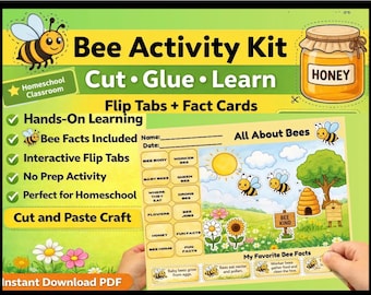 Bee Activity Printable, Cut and Paste Craft, Bee Life Cycle Facts, Homeschool Science Unit, Spring Insect Learning, Busy Book Tabs