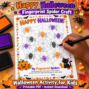 May include: A Halloween activity sheet titled Happy Halloween Fingerprint Spider Craft featuring a spider web illustration, colorful fingerprint spiders, a black cat, and pumpkins, with instructions to add fingerprints and draw legs and eyes.