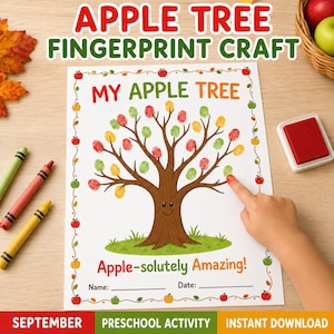 May include: A white paper activity sheet titled My Apple Tree with a brown tree illustration featuring a smiling face. The tree has colorful fingerprint leaves in red, yellow, and green. The text reads Apple-solutely Amazing with lines for Name and Date.