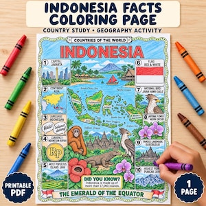 Op de afbeelding: Een kleurplaat getiteld Indonesia Facts met een kaart van Indonesië, illustraties van de Javaanse kuifarend, een orang-oetan, een komodovaraan, de Borobudur-tempel en maanorchideeën, omringd door tien genummerde informatieve secties.