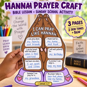 May include: A Hannah Prayer Craft activity sheet featuring brown praying hands with text that reads I CAN PRAY LIKE HANNAH and 1 Samuel 1:27. The sheet includes fill-in-the-blank sections for prayer prompts, framed by a purple border with pink hearts.
