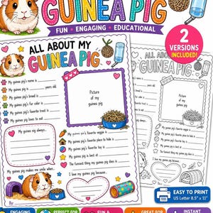 All About My Guinea Pig Worksheet, Kids Pet Activity, Coloring Page (Digital Download)