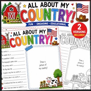 以下が含まれることがあります： 「ALL ABOUT MY COUNTRY！」というタイトルの、カラフルな教育用アクティビティブック。穴埋め問題と描画スペースがあります。表紙には納屋、風車、アメリカ国旗、カウボーイハットが描かれています。楽しく、魅力的な、教育的な本です。