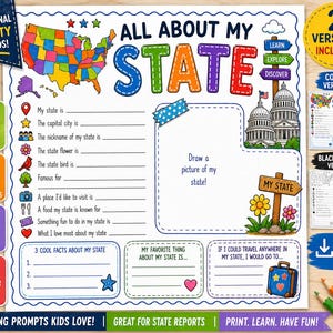 May include: A colorful educational activity sheet for kids titled "All About My State." It includes prompts to fill in state facts, a map, and a space to draw. The sheet is designed for home and classroom use.
