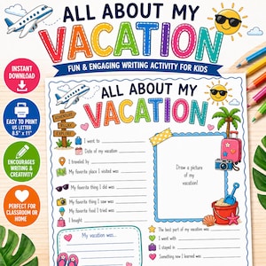 May include: A printable vacation writing activity sheet for kids titled All About My Vacation. The page features colorful graphics including an airplane, a sun with sunglasses, a palm tree, a suitcase, a camera, and a sand bucket with a shovel.