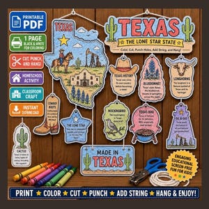 May include: A printable PDF craft set featuring a large Texas map cutout, smaller shapes depicting Texas history, a cowboy boot, bluebonnets, a longhorn, a mockingbird, BBQ, and oil rigs, with text labels, colored crayons, and white string.