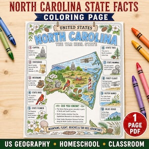 May include: A North Carolina state facts coloring page featuring a map of the state with illustrations of the capital building, a lighthouse, mountains, and wildlife. The page includes ten numbered facts, a did you know section, and text labels.