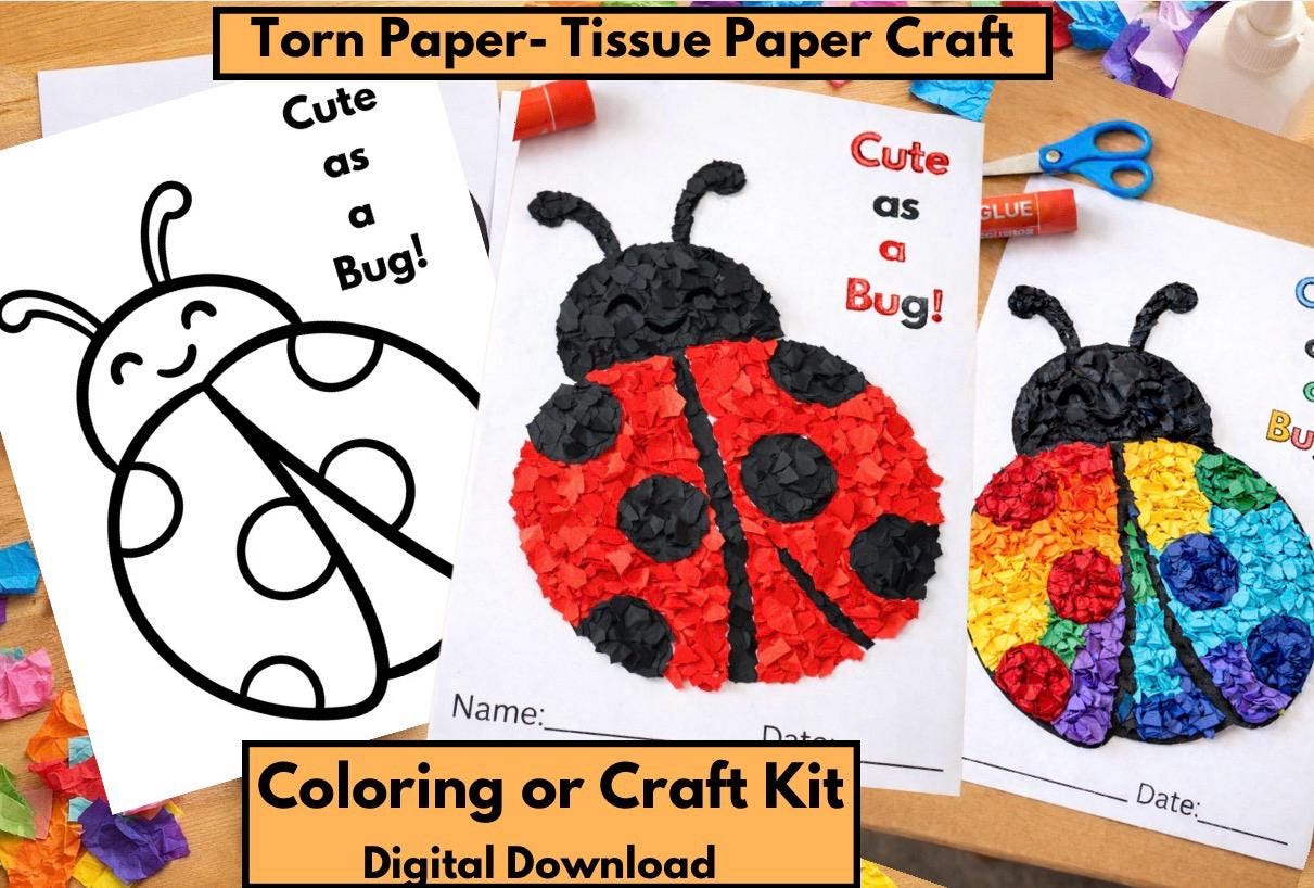 Ladybug Tissue Scrap Torn Paper Craft Kit, Preschool Fine Motor…