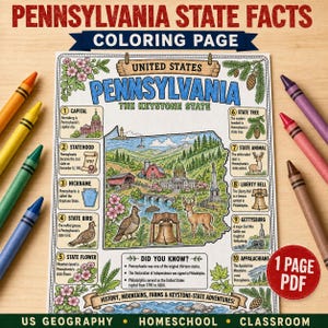 Könnte beinhalten: Eine Malvorlage mit Fakten zum US-Bundesstaat Pennsylvania, die eine Landkarte, Illustrationen des Staatsvogels, der Blume, des Baumes, des Tieres und der Liberty Bell sowie zehn nummerierte Informationsfelder und einen Wissensbereich enthält.