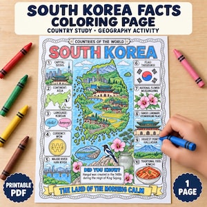 Puede incluir: Una página para colorear con datos sobre Corea del Sur que incluye un mapa central, diez secciones educativas numeradas con ilustraciones y el texto South Korea, The Land of the Morning Calm. Lápices de colores rodean la hoja de papel.