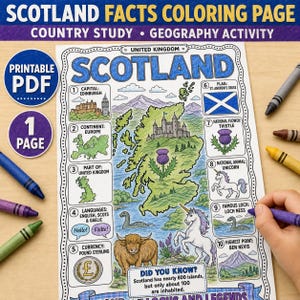Puede incluir: Una página para colorear con datos sobre Escocia que incluye un mapa, ilustraciones de un castillo, un cardo, un unicornio, una vaca de las Tierras Altas y el monstruo del Lago Ness. La hoja contiene secciones numeradas con texto sobre Edimburgo y Ben Nevis.