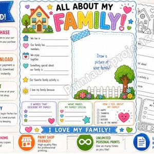 A printable All About My Family activity sheet in color and black and white versions. The page features a house illustration, a large frame for drawing, and prompts for family details, feelings, and activities on 8.5 by 11 inch paper.