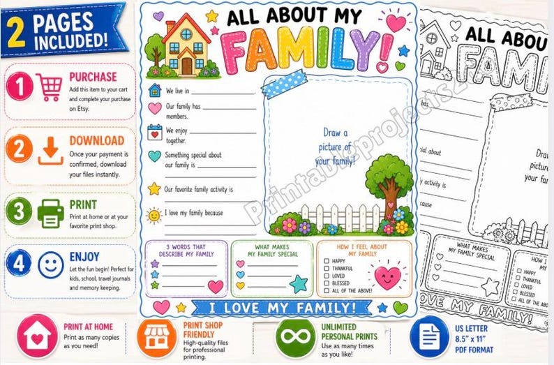 A printable All About My Family activity sheet in color and black and white versions. The page features a house illustration, a large frame for drawing, and prompts for family details, feelings, and activities on 8.5 by 11 inch paper.