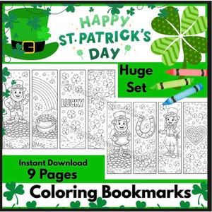 Pode incluir: Um conjunto de marcadores para colorir com o tema do Dia de São Patrício. O design inclui um chapéu verde de duende, trevos, arco-íris, potes de ouro e o texto "Happy St. Patrick's Day", "Lucky" e "Coloring Bookmarks". O conjunto inclui 9 páginas.