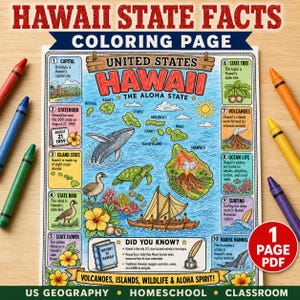 Pode incluir: Uma página para colorir com fatos sobre o estado do Havaí, apresentando um mapa das ilhas havaianas, uma baleia jubarte, uma tartaruga marinha, um ganso nene e uma canoa tradicional. A página inclui dez caixas informativas numeradas.