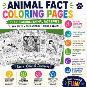 Animal Fact Coloring Pages featuring 10 educational pages about backyard birds. Includes a Goldfinch, Owl, and Chickadee. The pages are US Letter size, 8.5" x 11", in black and white. Learn, color, and discover fun facts.