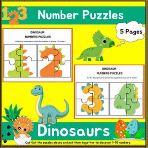 Könnte beinhalten: Ein farbenfrohes Lernposter mit Dinosaurier-Zahlenrätseln. Das Poster enthält den Text "Number Puzzles" und "Dinosaurs". Die Rätsel sollen Kindern helfen, die Zahlen 1-4 zu lernen. Das Poster umfasst 5 Seiten.