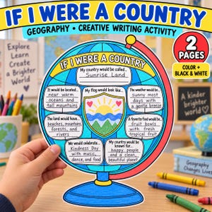May include: A globe-shaped geography and creative writing activity worksheet titled If I Were A Country. The worksheet features fill-in-the-blank sections for country name, location, flag design, weather, food, celebrations, and notable features, with a central shield illustration.