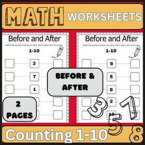 Before & After, Math 1-10, Worksheets, Math Worksheets for Kids, Count, Counting, Downloadable PDF, Homework Pages, Learning Concepts