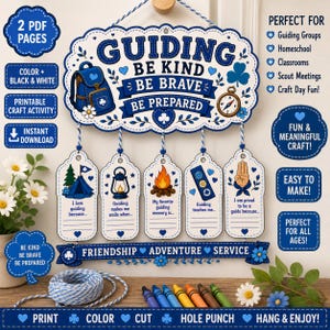 以下が含まれることがあります： GUIDING BE KIND BE BRAVE BE PREPAREDと書かれた大きな看板と、テント、ランタン、キャンプファイヤー、バッジ、手印のイラストが描かれた5つの小さなタグ、そしてFRIENDSHIP ADVENTURE SERVICEという言葉が吊り下げられた、印刷可能なクラフトアクティビティ。