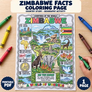 May include: A Zimbabwe facts colouring page featuring a central map illustration with a waterfall, elephant, and sable antelope. The sheet includes ten numbered sections with facts about the capital, flag, currency, and landmarks, titled Zimbabwe Facts Colouring Page.