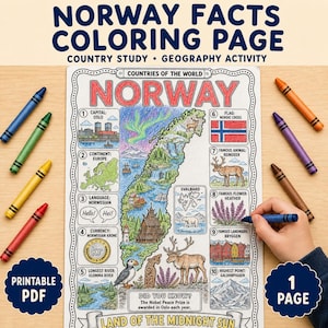 May include: A printable Norway facts coloring page featuring a central map of Norway surrounded by ten numbered sections detailing facts like the capital, flag, currency, and landmarks, with colorful crayons placed around the sheet.