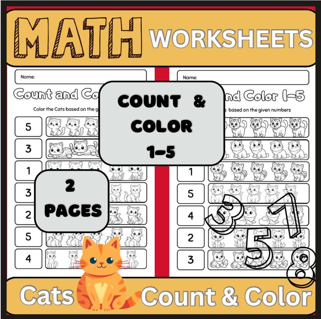 Cats Counting, Count and Color Math Worksheets: Numbers 1-5 (PDF ...