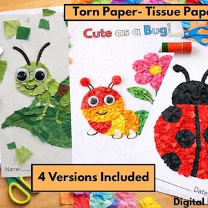 Puede incluir: Una colección de cuatro proyectos de manualidades con diseños de insectos. Los proyectos incluyen un contorno de hormiga en blanco y negro, una oruga verde, una oruga roja y amarilla y una mariquita roja. Las palabras "Cute as a Bug!" se muestran en los proyectos.