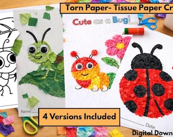Spring Bug Torn Paper Craft Activity, Fine Motor Skills (Digital Download) Tissue Paper Animals, Multiple Versions, Bundle Kit