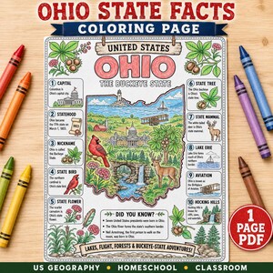 Puede incluir: Una página para colorear titulada Ohio State Facts que presenta un mapa de Ohio rodeado por diez secciones numeradas que detallan símbolos estatales como el cardenal, el ciervo de cola blanca y el castaño, con ilustraciones.