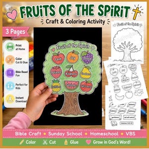 Puede incluir: Un conjunto de actividades de manualidades y coloreado Fruits of the Spirit con una ilustración de árbol y frutas etiquetadas como Love, Joy, Peace, Patience, Kindness, Goodness, Faithfulness, Gentleness y Self-Control, con tres páginas.