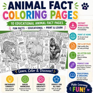 Animal fact coloring pages with 10 educational animal fact pages. Includes fun facts, educational content, and print and learn options. Features jaguar, capybara, and gorilla facts. Encourages curiosity, builds knowledge, and promotes creativity. US Letter size, black and white pages.