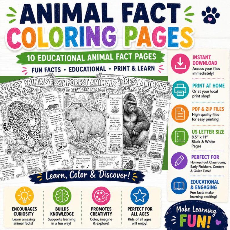 Animal fact coloring pages with 10 educational animal fact pages. Includes fun facts, educational content, and print and learn options. Features jaguar, capybara, and gorilla facts. Encourages curiosity, builds knowledge, and promotes creativity. US Letter size, black and white pages.