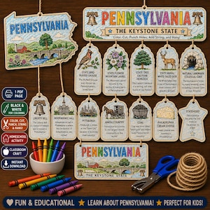 May include: A printable Pennsylvania educational craft set featuring state symbols, landmarks, and facts on hanging wooden-style tags. Includes a bowl of colourful crayons, a pair of blue-handled scissors, and a coil of twine for assembly.