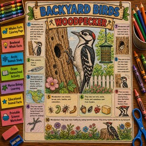 An educational poster titled Backyard Birds Woodpecker featuring a central illustration of a woodpecker on a tree trunk, surrounded by ten numbered informational sections with text, diagrams, and drawings of insects and plants.