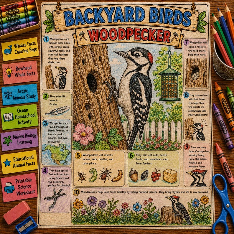 An educational poster titled Backyard Birds Woodpecker featuring a central illustration of a woodpecker on a tree trunk, surrounded by ten numbered informational sections with text, diagrams, and drawings of insects and plants.