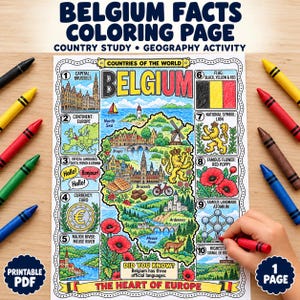 May include: A printable colouring page titled Belgium Facts featuring a map of Belgium surrounded by illustrations of the flag, a lion, poppies, the Atomium, and numbered facts about the country, with coloured crayons arranged around the page.