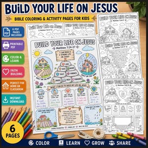 Build Your Life on Jesus Coloring Pages | Matthew 7:24-27 Bible Activity Pack | Christian Homeschool Printable | Sunday School PDF