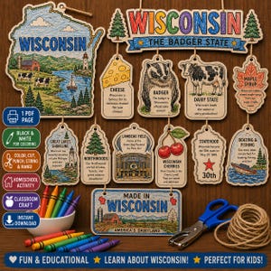 Op de afbeelding: Een printbare knutselset met een grote uitsnede van de kaart van Wisconsin, kleinere hangende labels met illustraties van een das, koe, kaas, kersen en Lambeau Field, plus een kom met kleurpotloden, een metalen schaar en bruin touw.