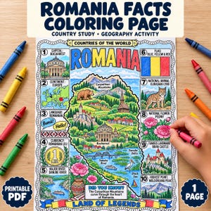 May include: A Romania facts colouring page featuring a map of the country, the Romanian flag, and illustrations of the Carpathian Mountains, a lynx, peonies, and Bran Castle. The page includes ten numbered sections with facts about Romania.