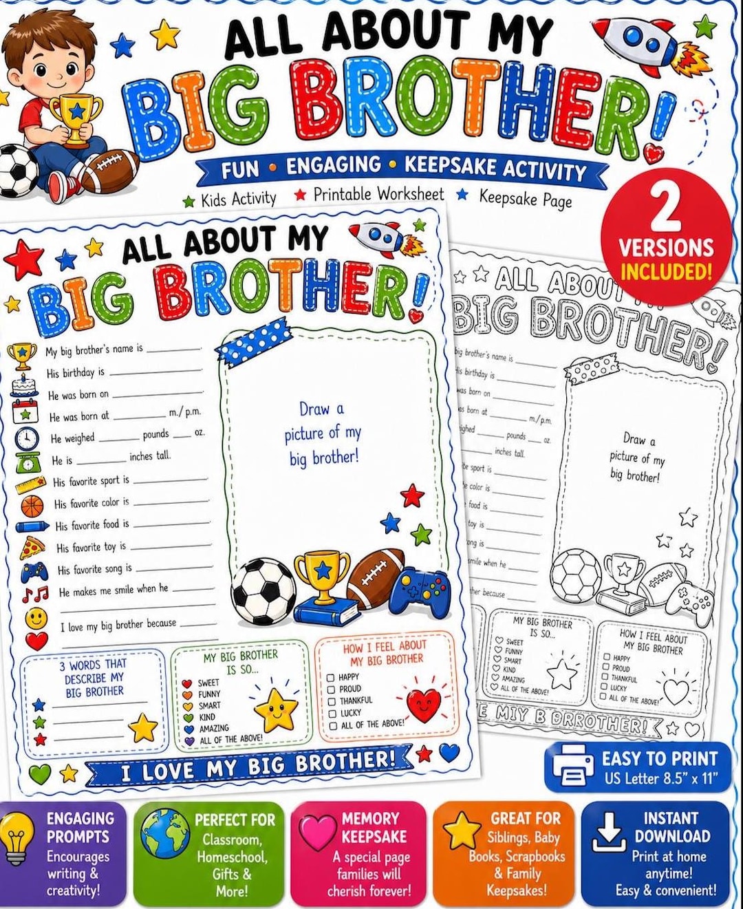 Brother Color Worksheet All About My Big Brother Printable Worksheet, Sibling Activity Page ...