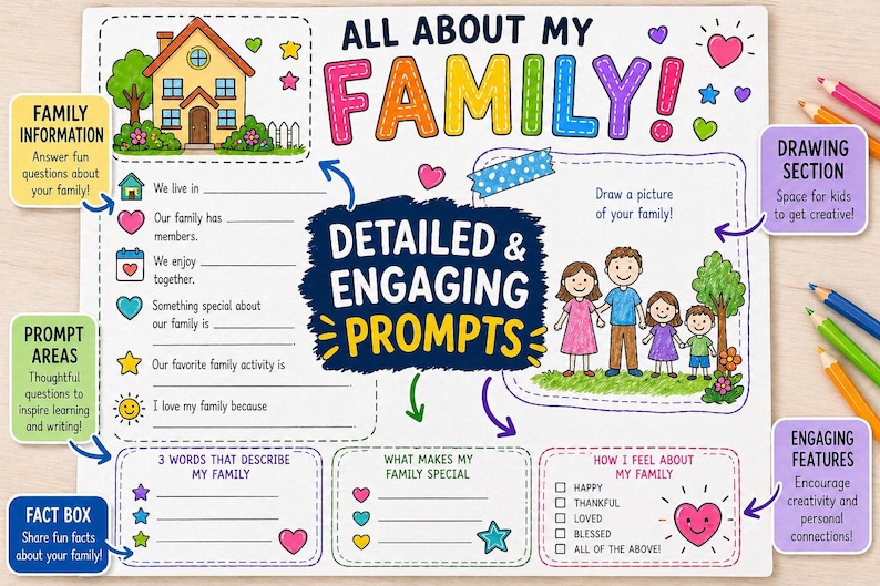 A white activity sheet titled ALL ABOUT MY FAMILY with colorful illustrations of a house and a family. It includes sections for writing family information, a drawing area, and prompt boxes with text like DETAILED & ENGAGING PROMPTS.