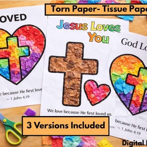 May include: Three colorful paper crafts with religious themes. One says "LOVED" with a rainbow heart and cross. Another says "Jesus Loves You" with a brown cross and heart. The third says "God Loves You" with a rainbow heart and cross. Text includes "3 Versions Included".