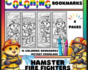 Hamster Feuerwehrmann Färbung Lesezeichen zum ausdrucken, Kinder Färbung Set, Feuerwehrmann Aktivität Seite, niedliche Tier Lesezeichen, Instant Download