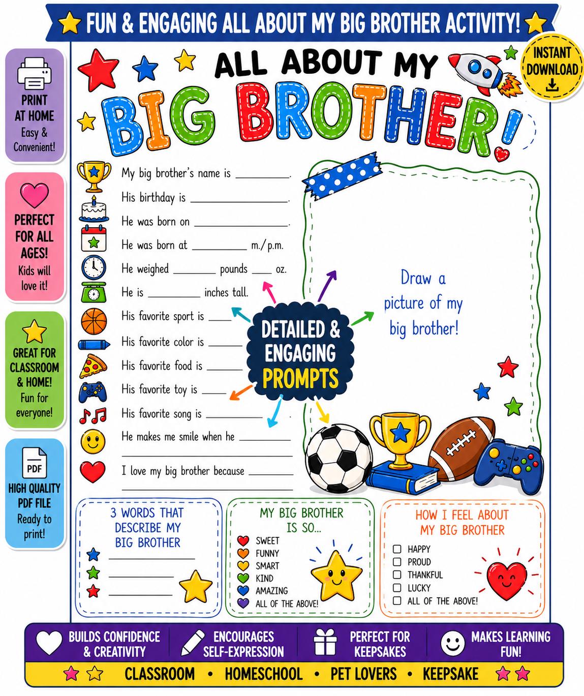 Brother Color Worksheet All About My Big Brother Printable Worksheet, Sibling Activity Page ...