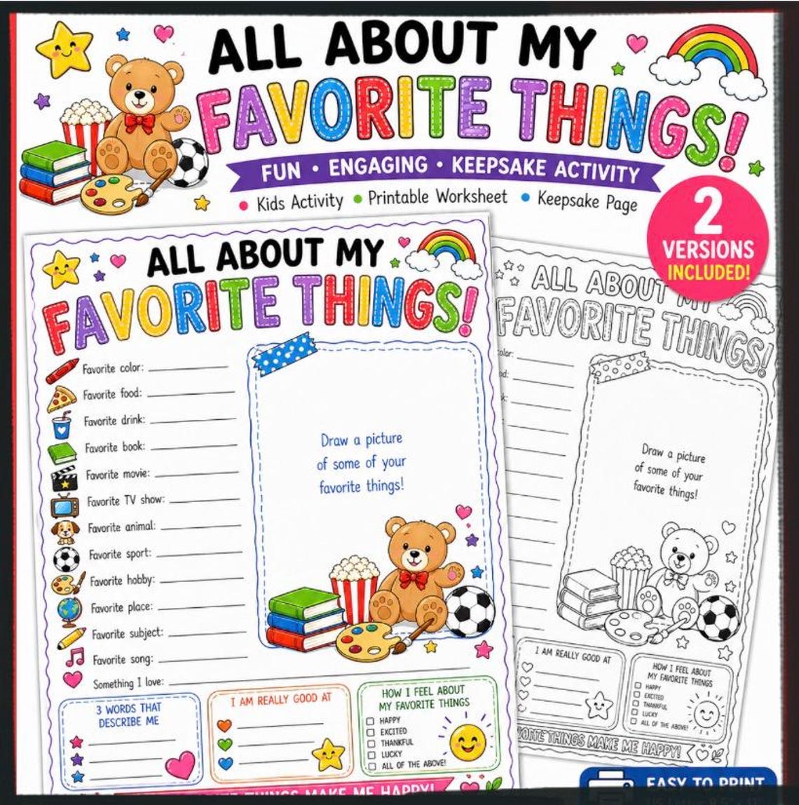 All About My Favorite Things Printable Worksheet, Kids All About Me ...